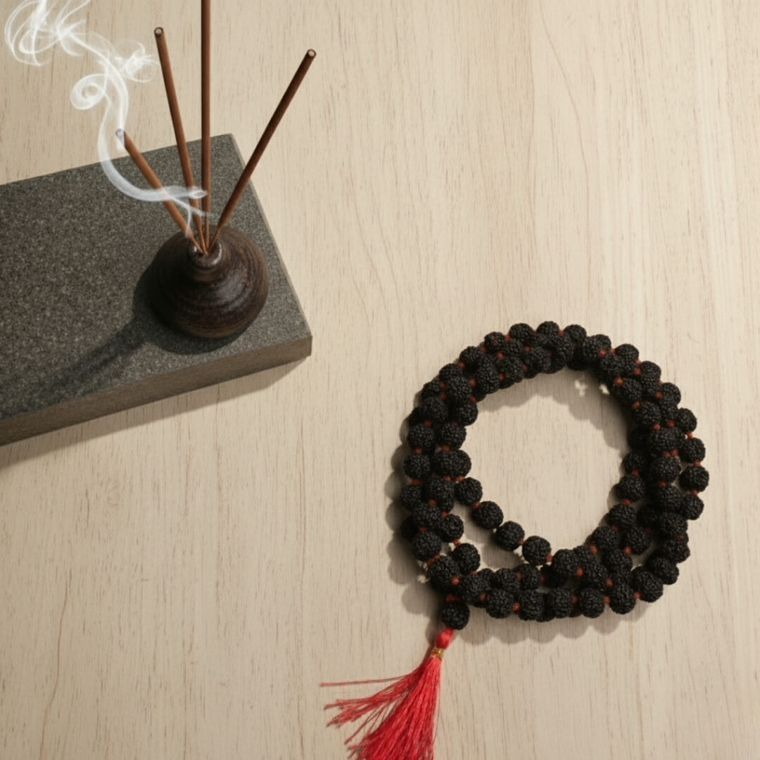 5 Mukhi Black Rudraksha Mala – Brings peace, health, positivity, protection, and wisdom.